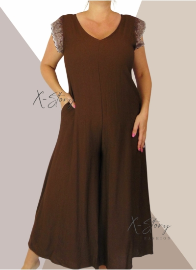 Fodros vállú, hátán kötős overál (barna)