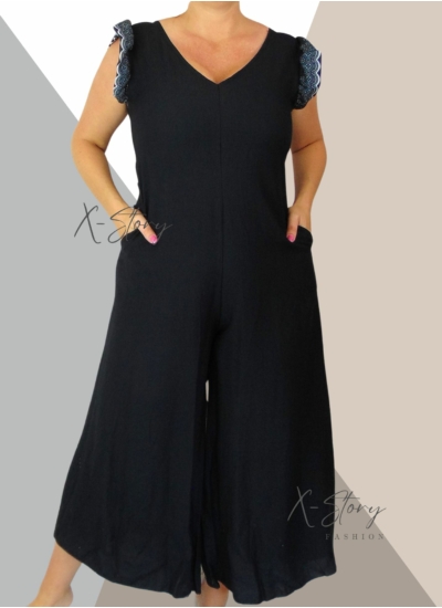 Fodros vállú, hátán kötős overál (fekete)