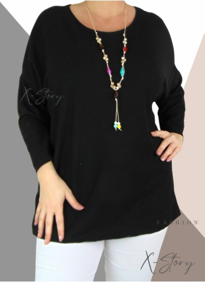 Laza fazonú, cérnakötött felső, nyaklánccal (fekete)