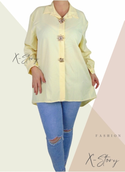Bő fazonú, hátul hosszított , kitűzőkkel díszített ingtunika (halványsárga)