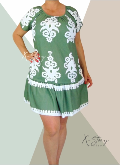Fodros aljú mintás ruha (khaki)