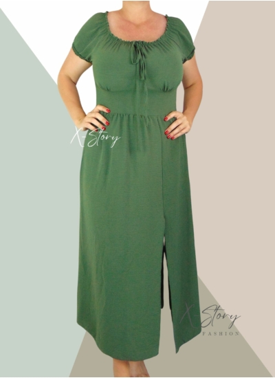 Gumis vállú, elöl felsliccelt maxi ruha (khaki)