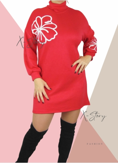 Virágmintás, puha kötött tunika (piros)