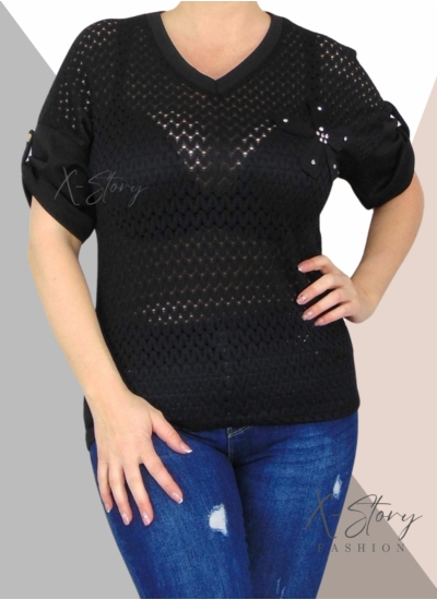 Elöl lyukacsos anyagú, virággal díszített felső (fekete)