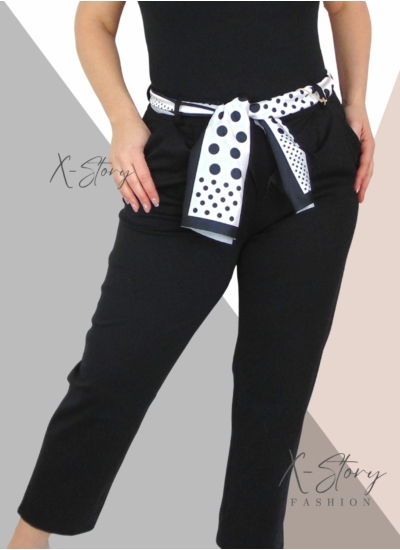 Egyenes szárú nadrág, selyem övvel (fekete)