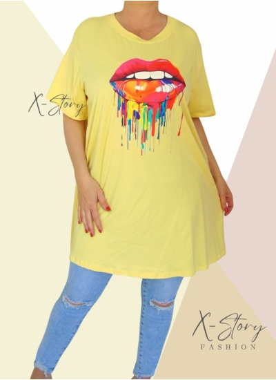 Színes szájmintás, extra bő fazonú hosszított felső (sárga)