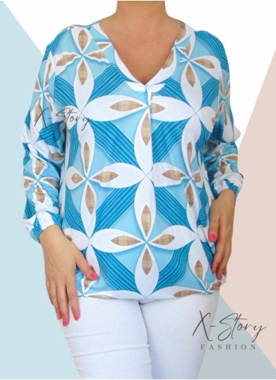 "V" dekoltál, gumis aljú, mintás felső