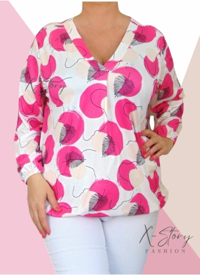 "V" dekoltál, gumis aljú, mintás felső