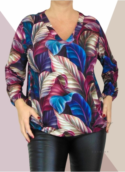 "V" dekoltál, gumis aljú, mintás felső