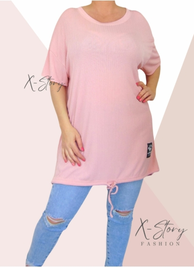 Bordázott anyagú, alul köthető laza fazonú tunika (babarózsaszín)