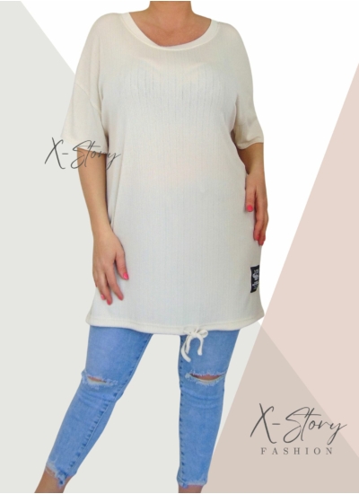 Bordázott anyagú, alul köthető laza fazonú tunika (világosbézs)