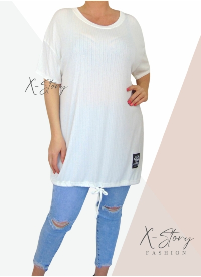 Bordázott anyagú, alul köthető laza fazonú tunika (fehér)