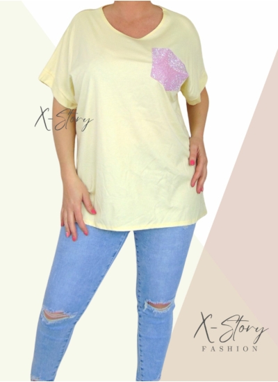 Bő fazonú, kövekkel díszített póló (sárga)