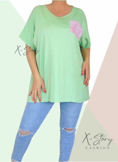 Bő fazonú, kövekkel díszített póló (világoszöld)