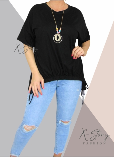 Elöl gumírozott , laza fazonú felső, nyaklánccal (fekete)