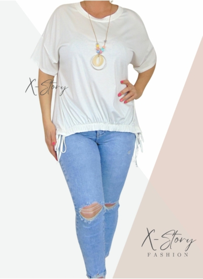 Elöl gumírozott , laza fazonú felső, nyaklánccal (fehér)