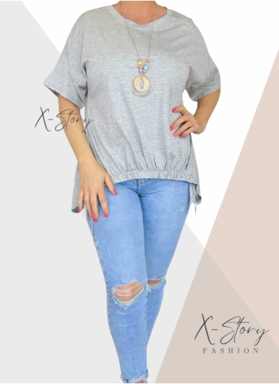 Elöl gumírozott , laza fazonú felső, nyaklánccal (világosszürke)