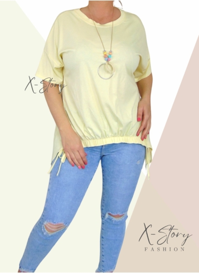 Elöl gumírozott , laza fazonú felső, nyaklánccal (sárga)