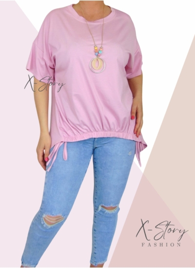 Elöl gumírozott , laza fazonú felső, nyaklánccal (babarózsaszín)