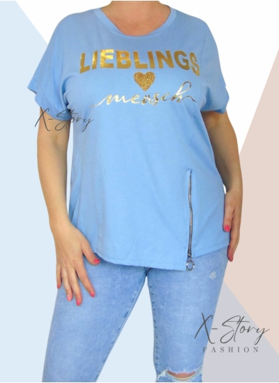 Elöl cipzár díszes, arany feliratos felső (világoskék)