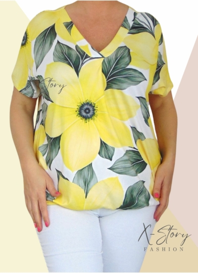 "V" dekoltál, gumis aljú, mintás felső