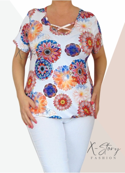 Mellnél pántos,  gumis aljú, mintás felső