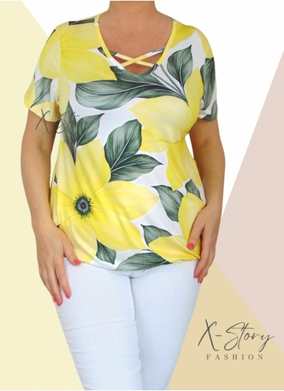 Mellnél pántos,  gumis aljú, mintás felső