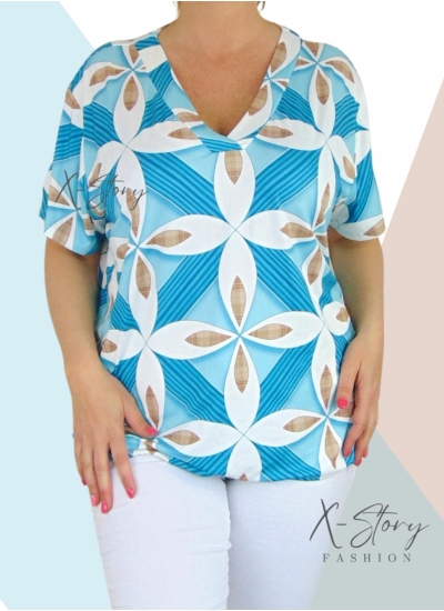 Nagyméretű "V" dekoltál, gumis aljú, mintás felső