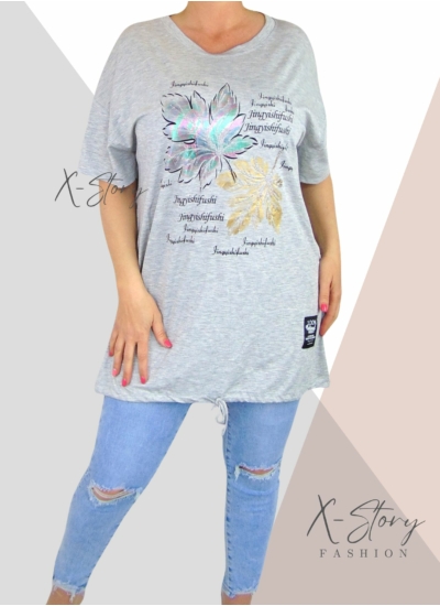 Alul összehúzható, kövekkel díszített pólótunika (szürke)