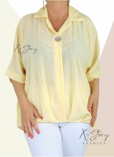 Csíkos, gézvászon felső, díszgombbal (sárga)