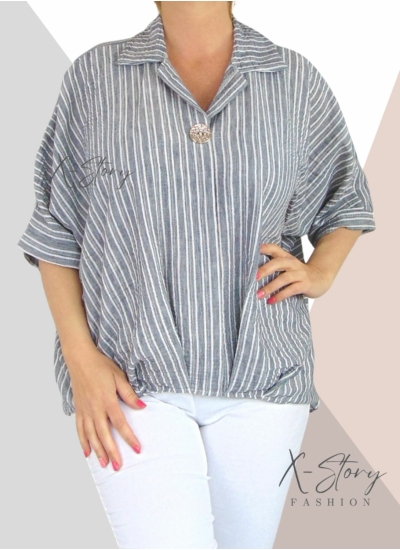 Csíkos, gézvászon felső, díszgombbal (szürke)