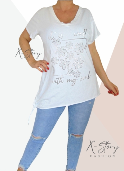 Oldalt kötős, pamut felső, strasszkövekkel díszítve (fehér)