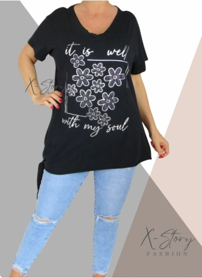 Oldalt kötős, pamut felső, strasszkövekkel díszítve (fekete)