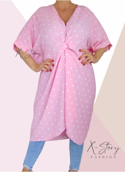 Bő fazonú, mellnél csavart, pöttyös tunika/ruha (babarózsaszín)