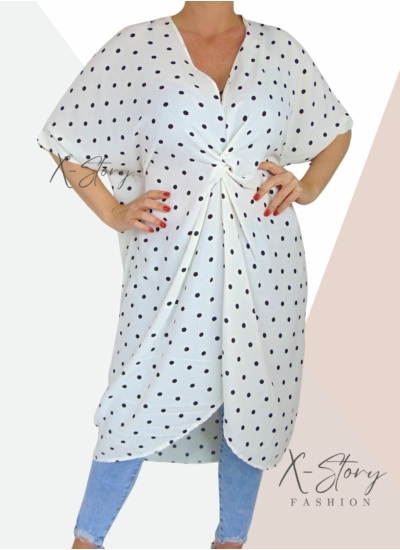 Bő fazonú, mellnél csavart, pöttyös tunika/ruha (fehér)