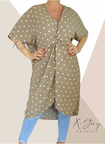 Bő fazonú, mellnél csavart, pöttyös tunika/ruha (sötétbézs)