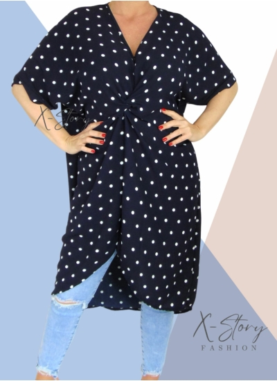 Bő fazonú, mellnél csavart, pöttyös tunika/ruha (sötétkék)