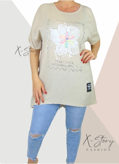 Gyűrt anyagú, virágdíszes tunika (világosbézs)