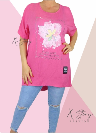 Gyűrt anyagú, virágdíszes tunika (pink)