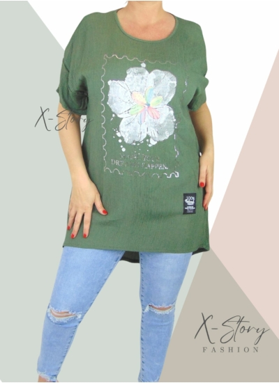 Gyűrt anyagú, virágdíszes tunika (khaki)