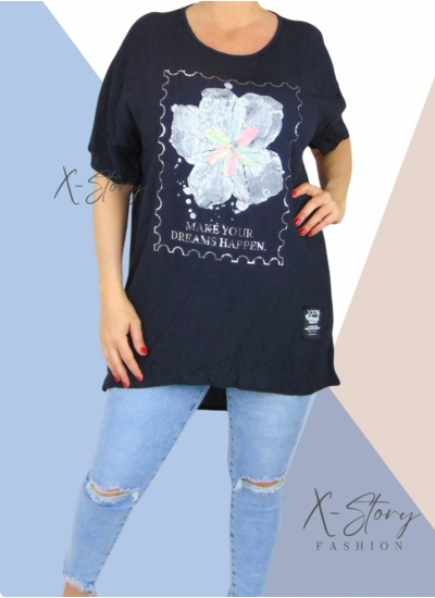 Gyűrt anyagú, virágdíszes tunika (sötétkék)