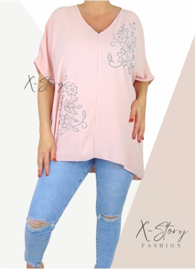 Strasszkövekkel díszített, bő fazonú blúz (púder)