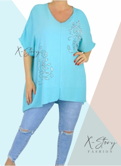 Strasszkövekkel díszített, bő fazonú blúz (menta)