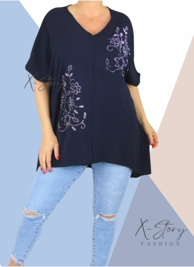 Strasszkövekkel díszített, bő fazonú blúz (sötétkék)