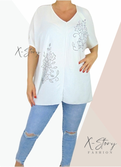 Strasszkövekkel díszített, bő fazonú blúz (fehér)