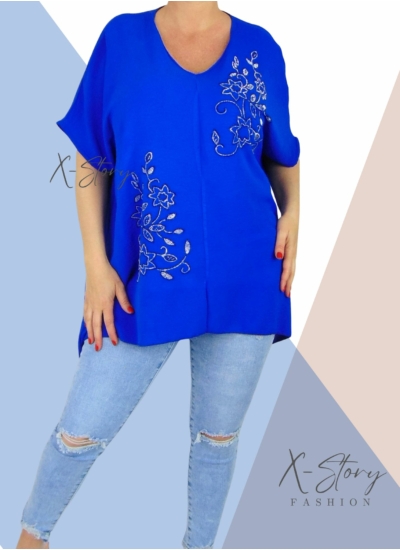 Strasszkövekkel díszített, bő fazonú blúz (királykék)