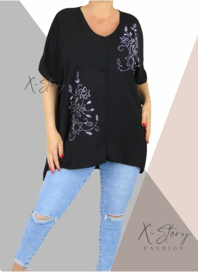 Strasszkövekkel díszített, bő fazonú blúz (fekete)