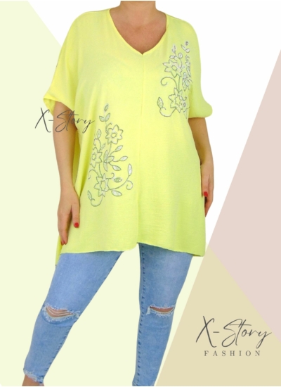 Strasszkövekkel díszített, bő fazonú blúz (sárga)