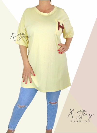 Zsebénél bőrrel díszített, pólótunika (sárga)