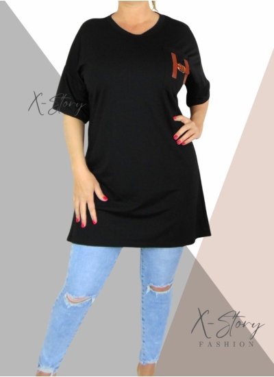 Zsebénél bőrrel díszített, pólótunika (fekete)